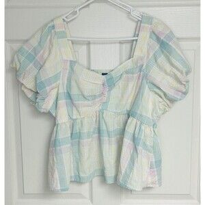 Old Navy Women's Pastel Pink Blue Yellow Puff Sleeve Cropped Top Size XL Ruffle